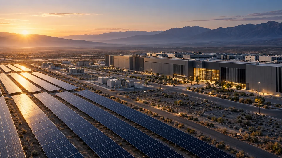Fictional architectural concept of utility solar beside a compute campus, with mountains at sunset