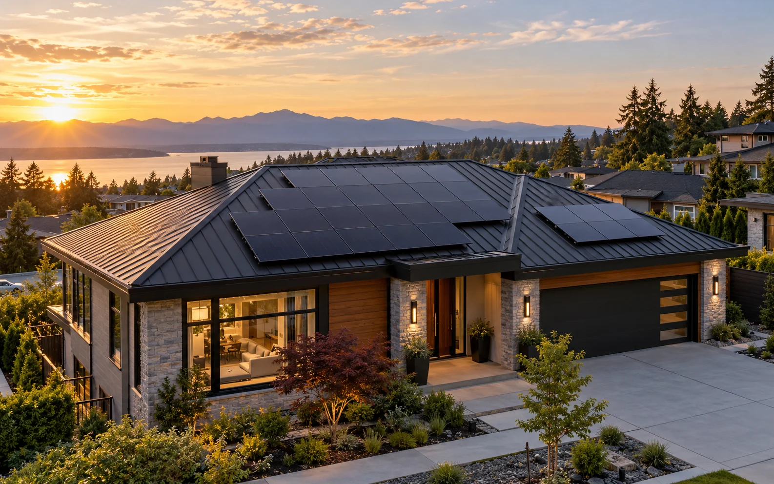Photorealistic residential rooftop installation concept at sunset