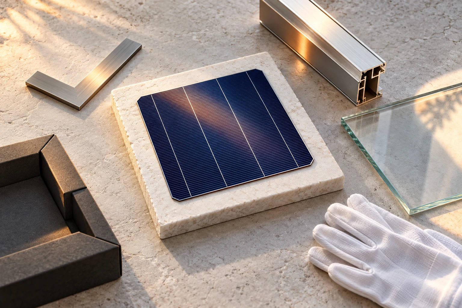 Generic photovoltaic cell, glass, metal frame sample and white inspection gloves on a mineral work surface.