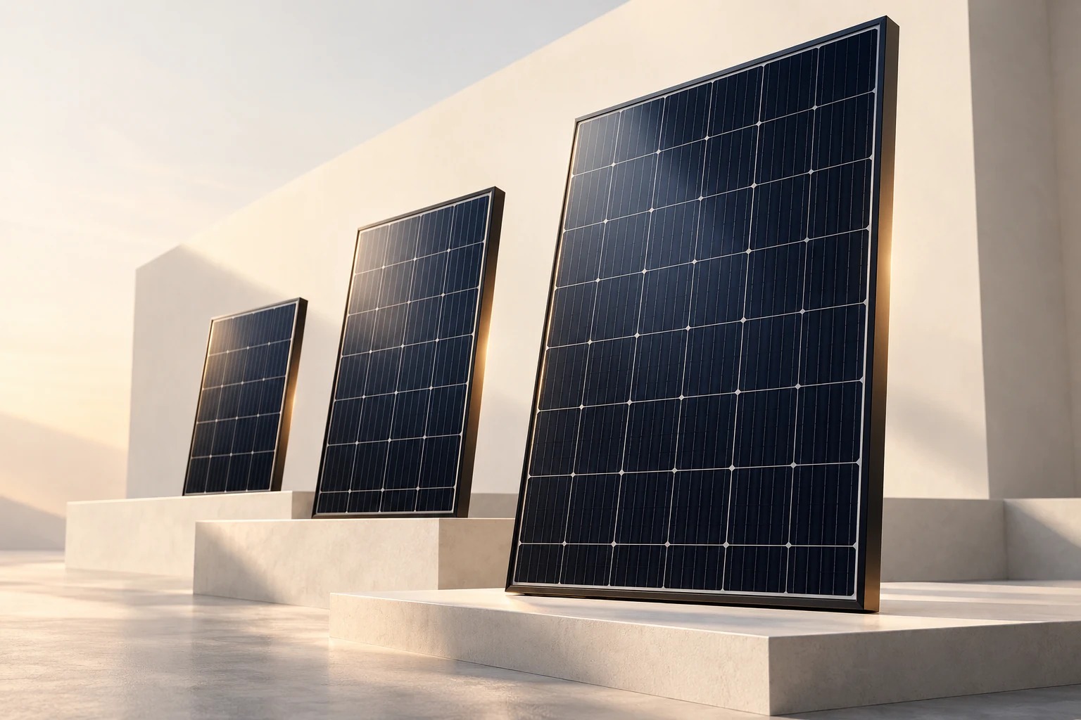 Three generic dark photovoltaic modules on staggered mineral plinths.
