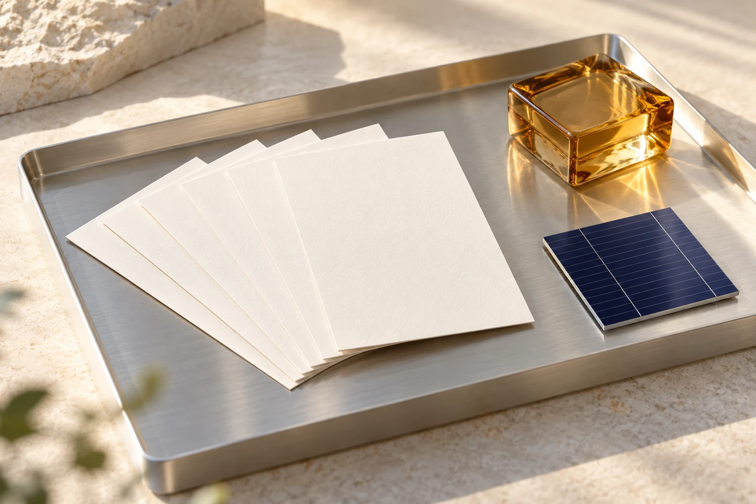 Blank archival cards, an amber glass object and a solar sample on a satin metal document tray.
