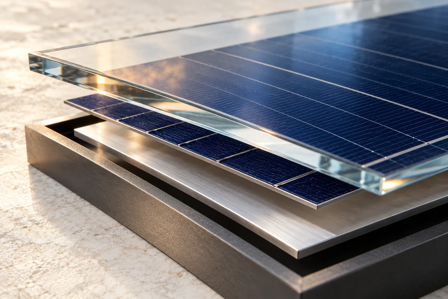 Detailed illustrative glass, photovoltaic plane and metal tray separated into a material study.
